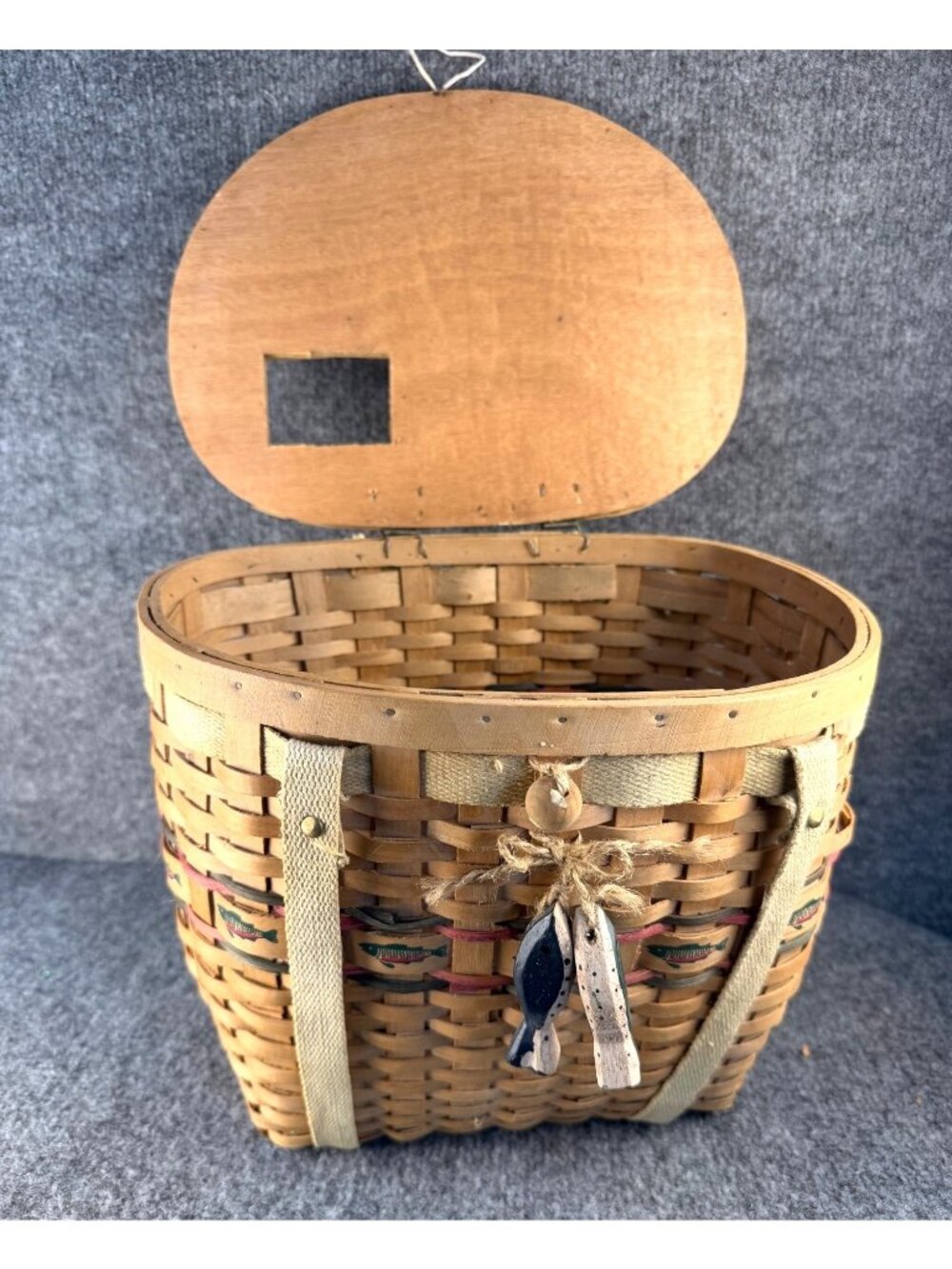 Vintage Woven Fishing Creel Basket Backpack Rustic Cabin Decor Cottagecore - Picture 14 of 16